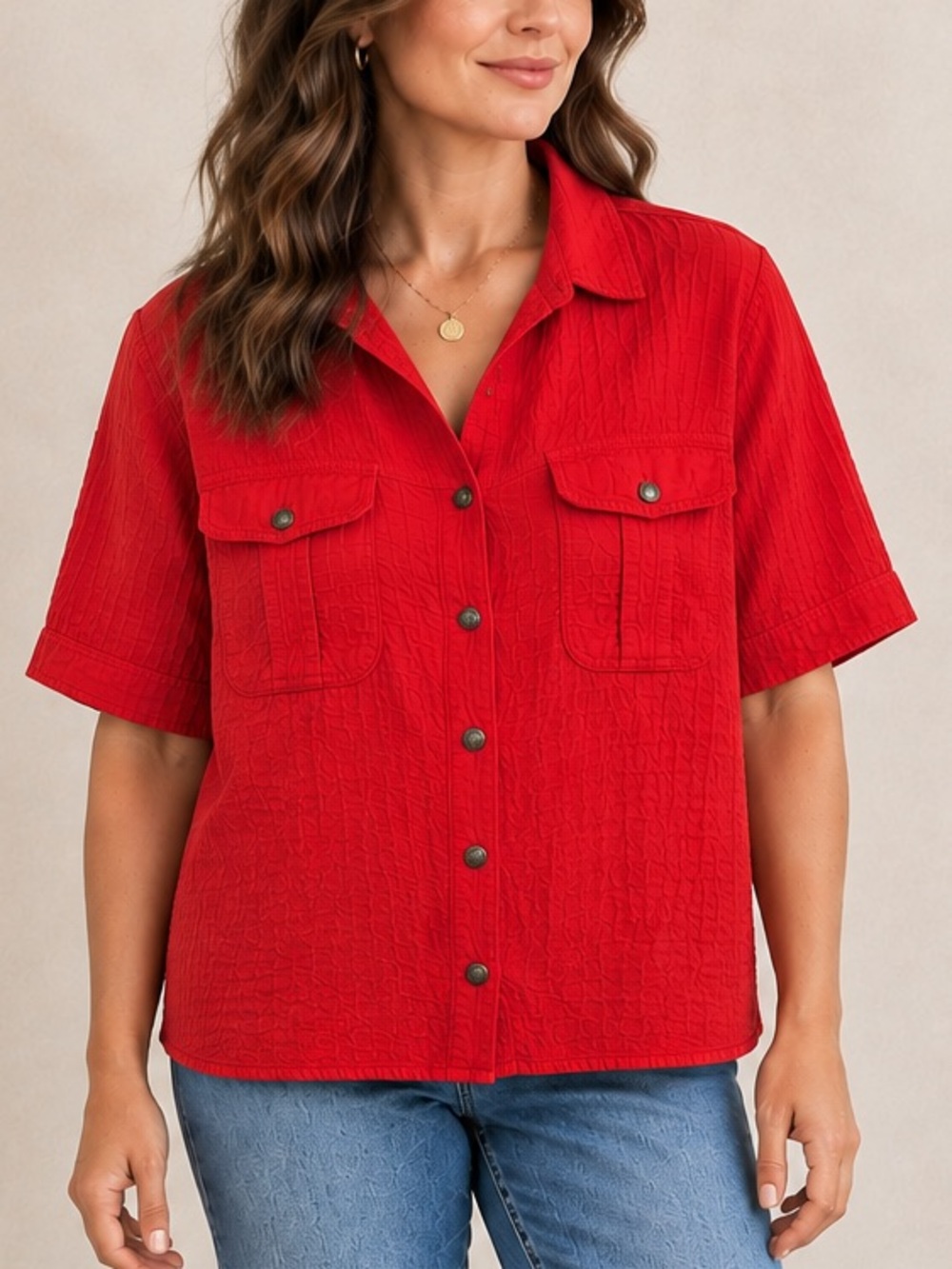 🇨🇦 Ezze Wear Red Crinkle 100% Cotton Button Front Shirt Top XL Made in Canada